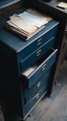 A tall, dark blue bookcase with three drawers and five shelves for papers
