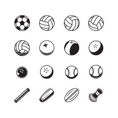 Sport balls, minimalist line drawings, black and white 