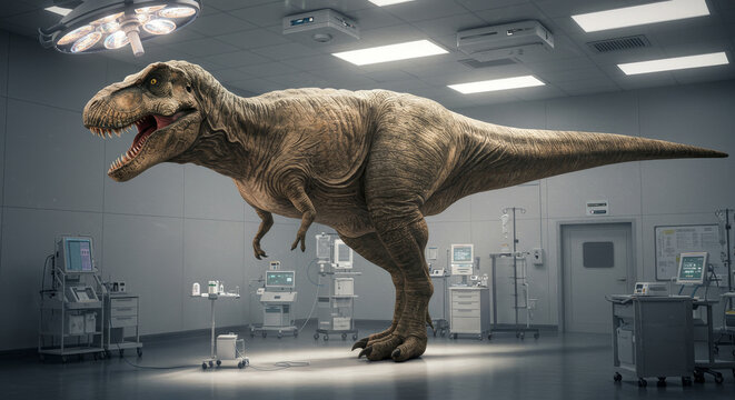 Tyrannosaurus Rex in Operating Room - A massive T-REX stands in a modern operating room, surrounded by medical equipment