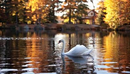 Obraz premium Build a scene featuring a graceful swan gliding across a pond surrounded by trees in earthy fall tones.