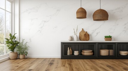 Spacious Modern Interior with Minimalist Design Featuring Unique Wooden Pendant Lighting and Natural Decor