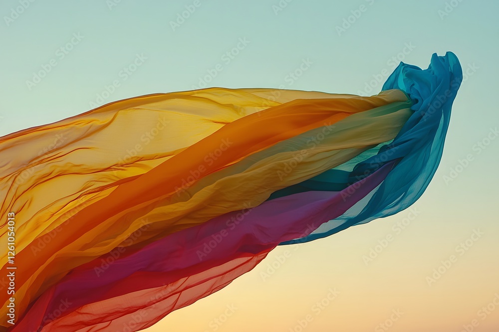 Poster rainbow of fabric: a vibrant and colorful fabric swishes and sways in the wind, creating a captivati