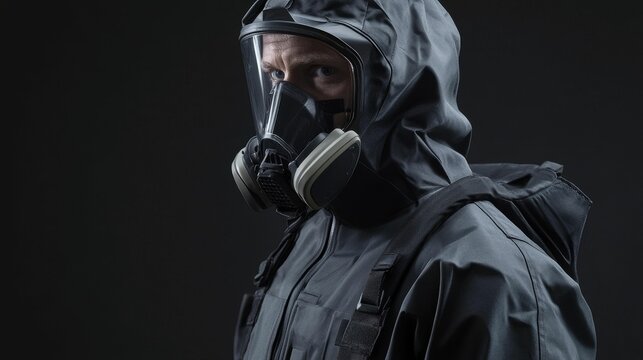 Serious man wearing protective gear, dark background.