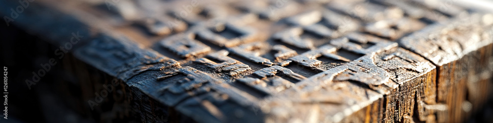 Poster close-up of carved wooden block with geometric patterns