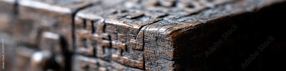 Poster close-up of carved wooden block with cross-shaped patterns