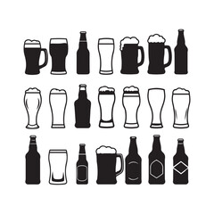 Beer glasses, wine glasses, beer mugs, beer bottles, silhouettes, black and white 
