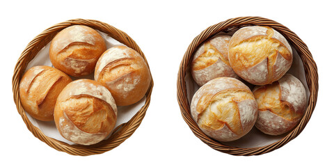 Three round shaped breads in basket top view isolated on white or transparent background