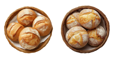 Three round shaped breads in basket top view isolated on white or transparent background