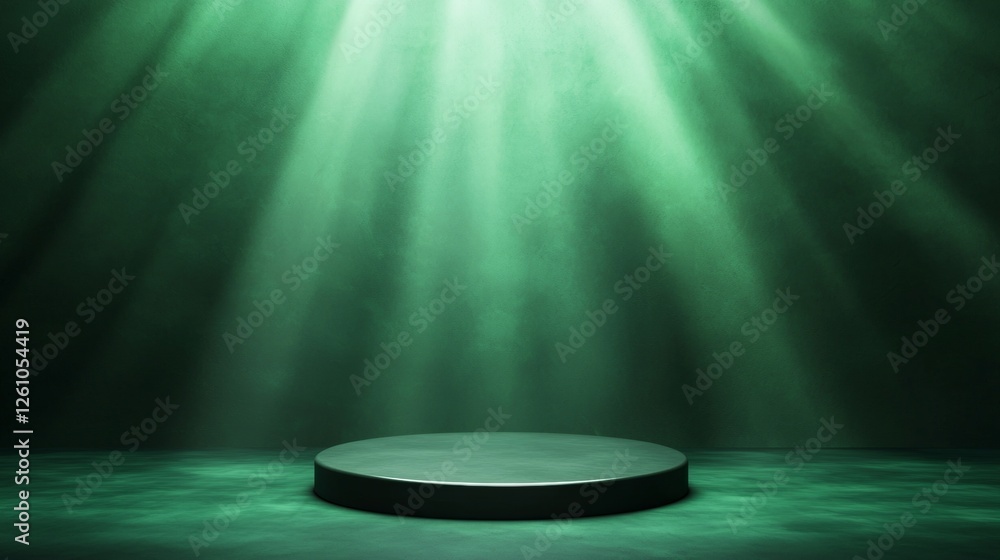 Poster green beams of light illuminating an empty round podium on a green background create a dramatic and 
