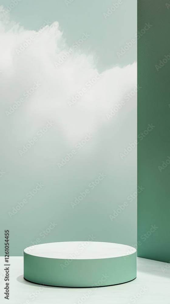 Poster green and white podium displaying products with cloudy sky background providing a minimalist and ele