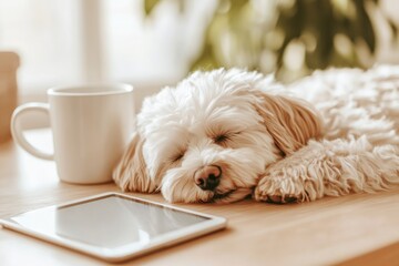 Sleepy Shih Tzu Napping Peacefully on a Modern Desk With a Tablet and Coffee Mug in a Warm Minimalist Office Setting