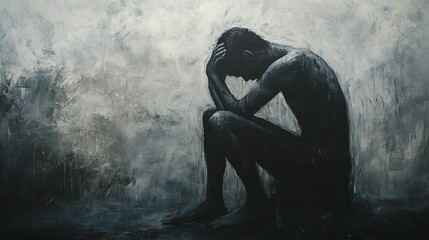 Obraz premium Solitary figure, grief-stricken, dark canvas.