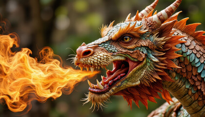 Majestic dragon breathing fire in enchanted forest, mythical allure