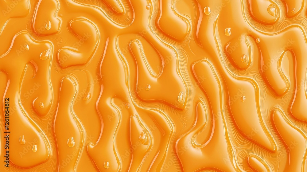Poster creating an abstract orange liquid background, featuring smooth glossy waves and bubbles, offers a v