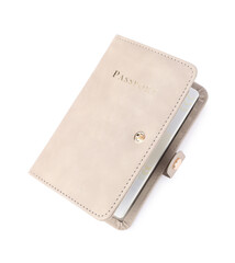 Passport in leather cover isolated on white, top view