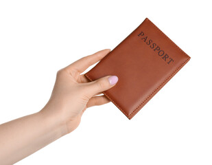 Woman holding passport in brown cover on white background, closeup