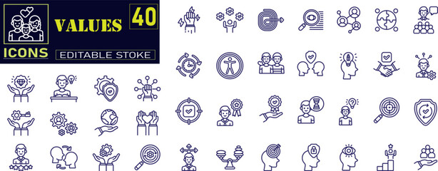 Set of outline icons related to core values. Core Values, Integrity, Innovation, Growth, Goal, Trust, Teamwork, Customers .