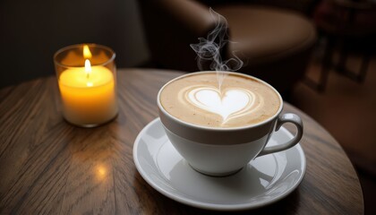 Intimate Café Moment with Latte and Candlelight