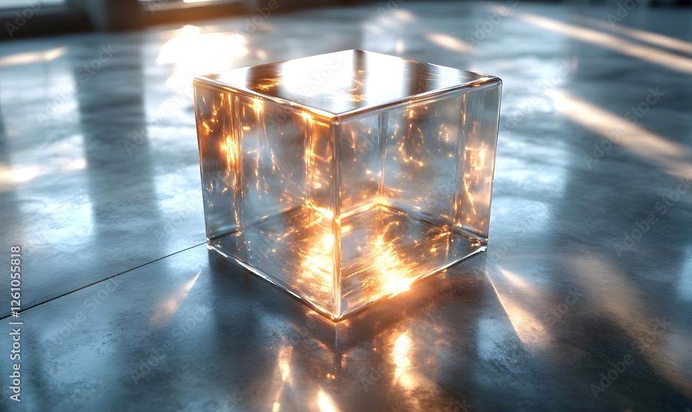 Poster glass cube reflecting light on a polished floor, creating a modern and abstract scene
