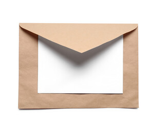 Envelope with card isolated on white, top view. Mockup for design