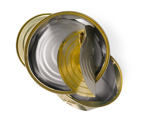 Three crumpled tin cans isolated on white, top view