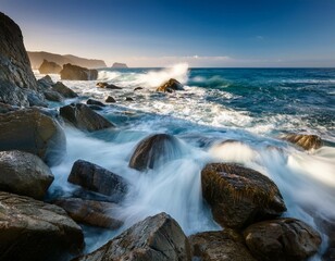 Fototapeta premium long exposure shoot of sea waves crashing on seashore and rocks seascape