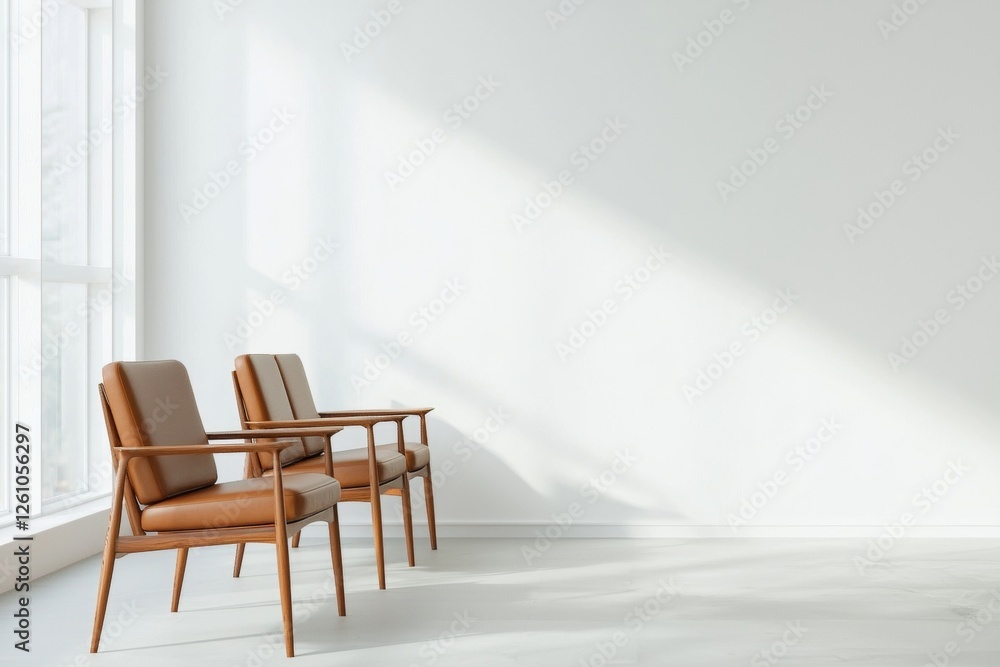 Aufkleber sunlight streams into a minimalist room, illuminating two empty brown leather armchairs positioned n