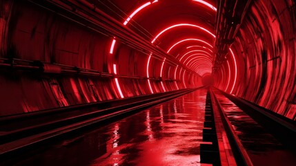 Futuristic tunnel with glowing red neon lights and reflective metallic surfaces in sci fi atmosphere