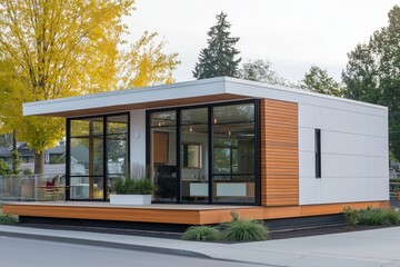 Fototapeta premium Modern prefabricated house design concepts showcasing innovative structures for home planning. Concept highlights prefabricated house design concepts tailored for contemporary living