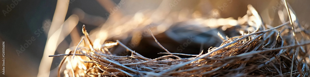 Poster close-up photograph of an empty bird nest
