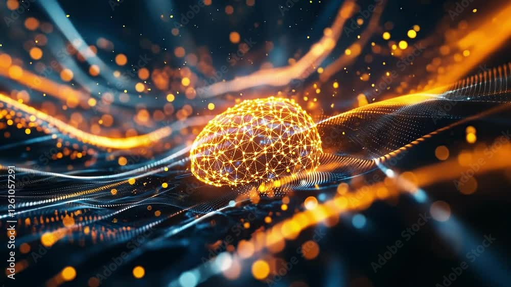 Poster plexus style digital sphere is glowing orange and floating over a dynamic blue and orange wave surfa