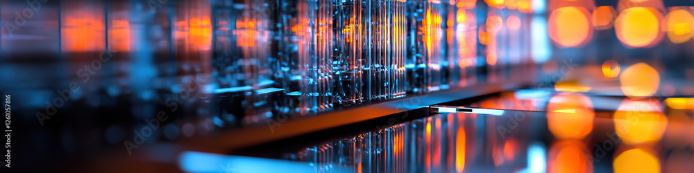 Poster reflective surface with blue and orange technological structure and bokeh lights