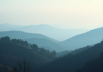 Obraz premium misty landscape fades distant hills blurred tree outlines soft foliage