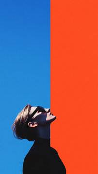 Conceptual Minimalist Composition Featuring Silhouetted Human Profiles Against a Divided Background of Vibrant Blue and Orange