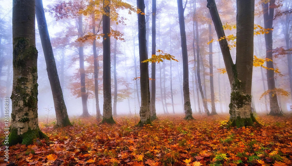 Canvas Prints Create a watercolor painting of a misty autumn morning in a forest, with soft, glowing leaves.