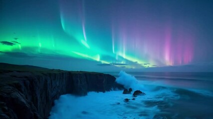 "Remote coastal cliff, aurora storm, waves crashing on rugged rocks, electric hues, long-exposure, 8K, hyper-realistic photography."







 - Powered by Adobe