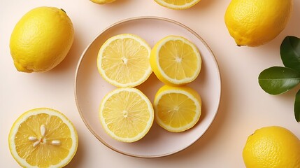 Juicy lemons on plate, overhead shot, pastel background, food blog