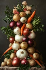 Carrots, potatoes, onions and other vegetables creating a still life composition on a dark background