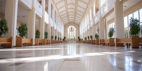 Sunlit church hall, tranquil interior, peaceful background, religious event