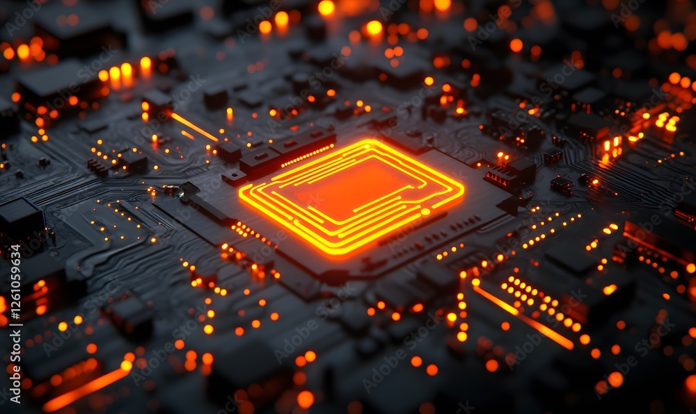 Poster glowing circuit board with orange light on a dark background concept image