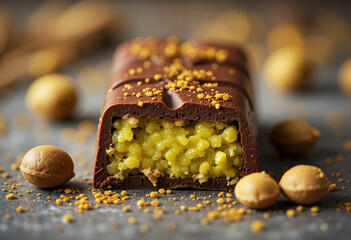 Delicious chocolate bar filled with rich pistachio paste and adorned with golden sparkles.