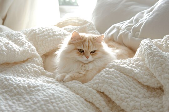 Adorable long-haired cat resting peacefully on a soft white blanket, enjoying a cozy morning in a sunlit bedroom
