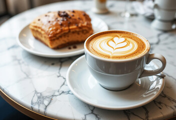 Premium cup of coffee featuring intricate latte art served on a marble table with pastries at an upscale cafe