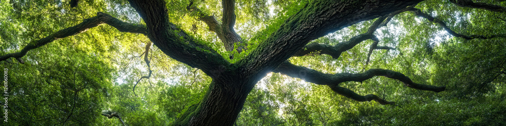 Poster low-angle view of large tree canopy and trunk