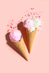 Ice cream cones with heart shaped sugar sprinkles
