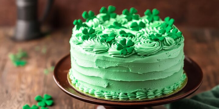 Delightful St Patrick s Day themed cake adorned with vibrant green frosting and Irish shamrock to be served as a festive treat for a St Patrick s Day party