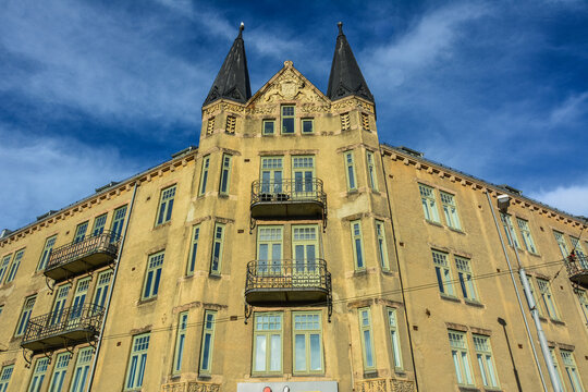Trondheim, Norway - October 18, 2024 - The Loven building built in 1904-05 and owned by manufacturer Anders Dahl as the mineral factory in Trondheim, Norway