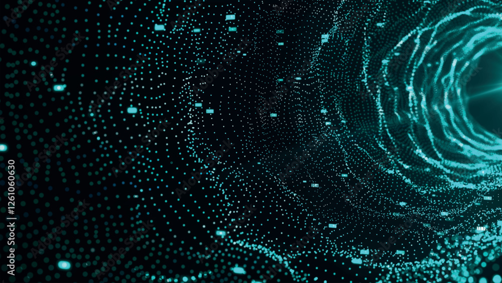 Poster abstract digital particle wave. technology background. colored musical wave. dark background. digita