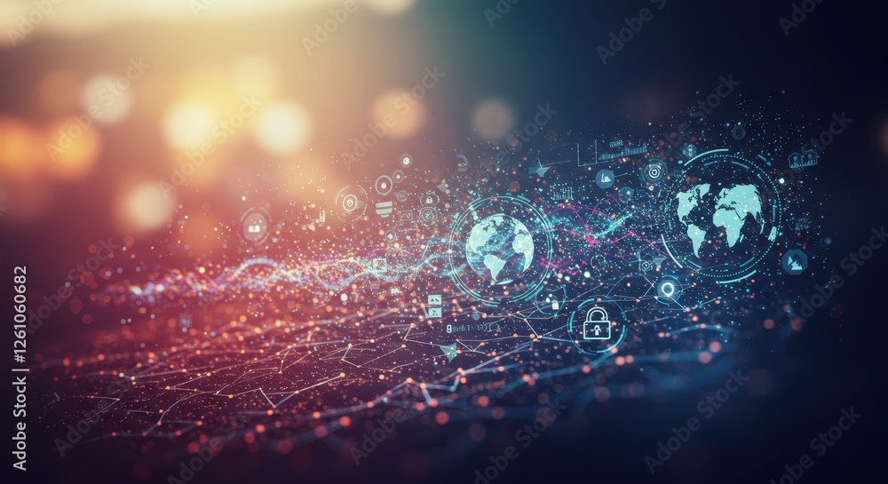 Poster futuristic global network with digital icons and planet earth in abstract technology background