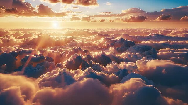 Breathtaking Aerial View of Golden Sunlight Breaking Through Soft Clouds in the Sky During Sunset

